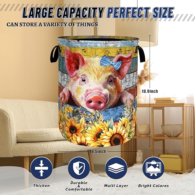 Cute Pig Laundry Basket Foldable Floral Sunflowers Animal Laundry Hamper With Handle Oxford Cloth Portable Clothes Storage Organizer Basket 18.9"x16.5" Laundry Bag For Laundry Room/Bedroom/Bathrooms