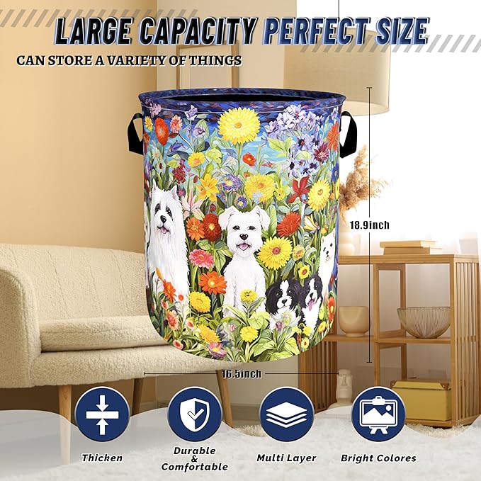 Watercolor Flowers Animal Dogs Laundry Hamper Oxford Cloth Dog Funny Laundry Basket With Handle Portable Clothes Storage Basket Foldable Laundry Bag 18.9"x16.5" For Laundry Room/Bedroom/Bathrooms