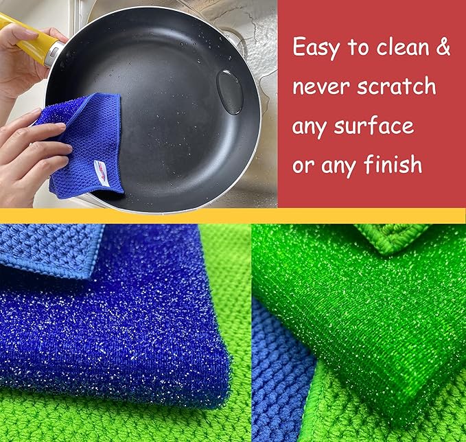 12 Pack Microfiber Scrub Dish Cleaning Cloth, Non-Scratch, Reusable & Durable for Pan Pot Dish Cooktop Stovetop Counter Kitchen Household, Machine Washable, 5.5 x 5.5 Inch, Blue & Green Assorted