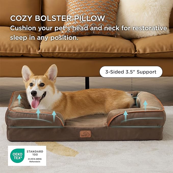 Bedsure Orthopedic Dog Beds Large Sized Dog - Washable Large Dog Cat Bed Waterproof, Comfort Dogs Couch Sofa with Washable Removable Cover, Pet Bed with Nonskid Bottom, Brown, 35"