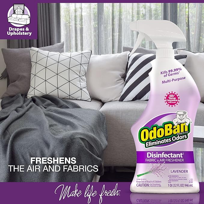 OdoBan Ready-to-Use Disinfectant and Harsh Aroma Eliminator, Cleaner and Fabric/Air Freshener, Set of 2, 14.6 Ounce 360-Degree Continuous Spray and 32 Ounce Trigger Spray, Lavender Scent