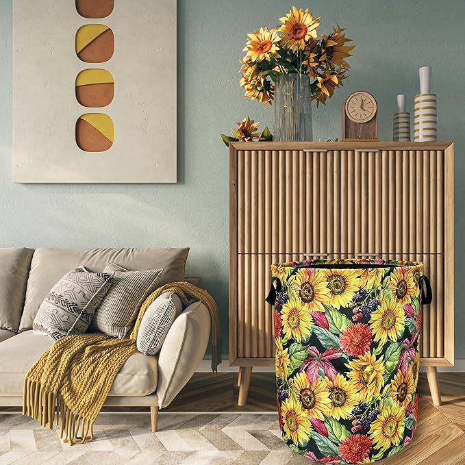 Yellow Sunflowers Laundry Basket Foldable With Handles Tote Bag Oxford Cloth Colorful Floral Laundry Hamper Clothes Storage Bucket Toy Organizer 18.9" x 16.5" For Bathroom/Laundry/Bedroom
