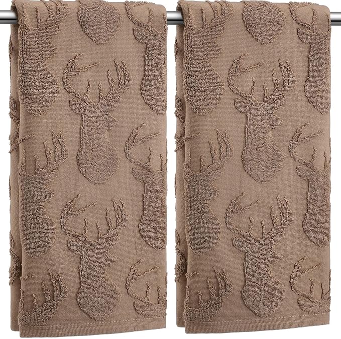 2 Pcs Deer Hand Towels for Bathroom, Rustic Cabin Elk Moose 100% Cotton Absorbent Jacquard Weave Brown Decorative Towels for Bathroom Kitchen Decor Gift, 13.7 x 29.5 Inch
