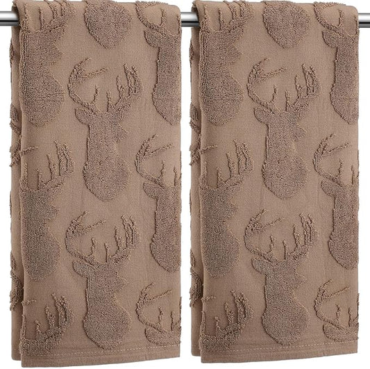 2 Pcs Deer Hand Towels for Bathroom, Rustic Cabin Elk Moose 100% Cotton Absorbent Jacquard Weave Brown Decorative Towels for Bathroom Kitchen Decor Gift, 13.7 x 29.5 Inch