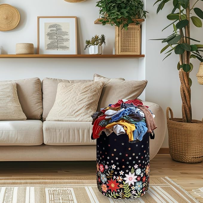 Cute Colorful Floral Laundry Basket Foldable Flowers Laundry Hamper With Handle Oxford Cloth Portable Clothes Storage Organizer Basket 18.9"x16.5" Laundry Bag For Laundry Room/Bedroom/Bathrooms