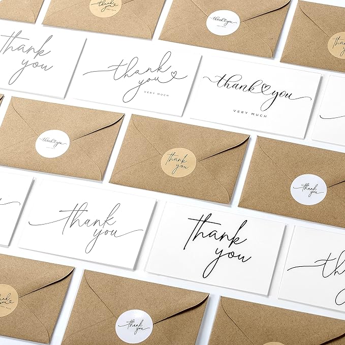 100 Bulk Thank You Cards with Kraft Envelopes and stickers - 4 Minimalistic Designs Blank Thank You Notes with Envelopes for business Wedding Bridal Gift Baby Shower Business Graduation