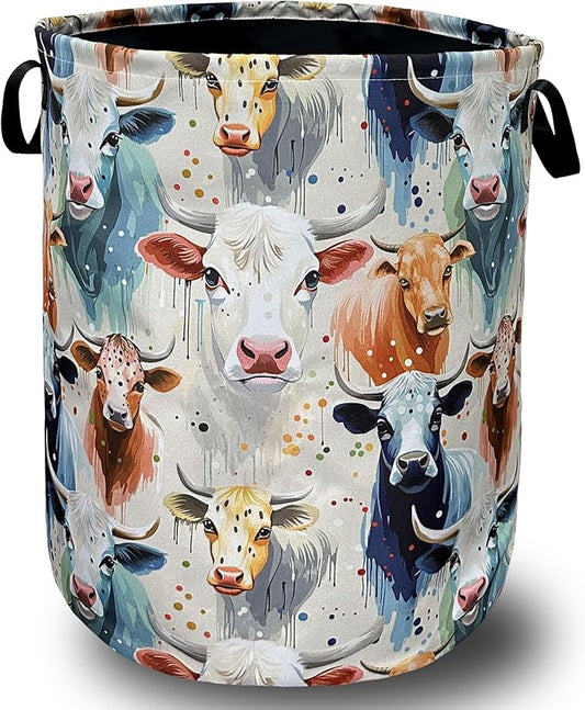 Watercolor Cows Laundry Basket Foldable With Handles Funny Tote BagOxford Cloth Animals Laundry Hamper 18.9" x 16.5" Clothes Storage Bucket Toy Organizer For Bathroom/Laundry/Bedroom