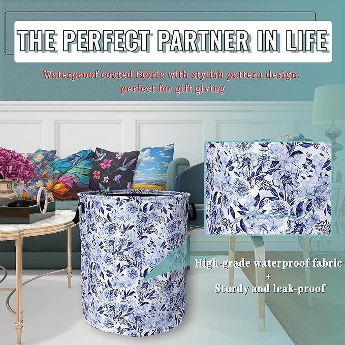 Blue Flower Floral Laundry Basket Foldable With Handles Beautiful Tote Bag Oxford Cloth Colorful Laundry Hamper Clothes Storage Bucket Toy Organizer 18.9"x16.5"For Bathroom/Laundry/Bedroom