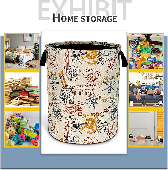 Anchor Laundry Basket Compass Seafaring Foldable Oxford Cloth Funny Tote Bag Laundry Hamper Clothes Storage Bucket Toy Organizer For Bathroom/Laundry Storage/Bedroom 18.9x16.5 Inch