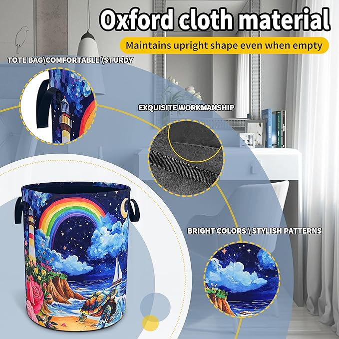 Beach Sea Turtle Laundry Basket Rainbow Lighthouse Foldable Waterproof Oxford Cloth Funny Tote Bag Laundry Hamper Clothes Storage Bucket Toy Organizer For Bathroom/Laundry Storage/Bedroom 18.9x16.5 In