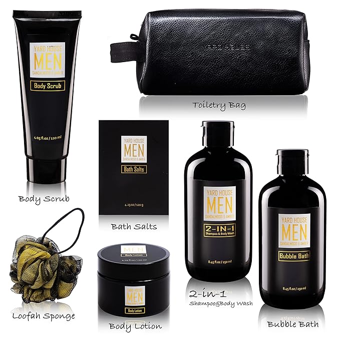 Bath and Body Spa Gift Baskets Set for Men - Sandalwood Amber - 7Pc Full Size Spa Kit in Toiletry Bag - Fathers Day Gifts For Husband, Dad From Wife, Daughter Son, Birthday Gifts For Him
