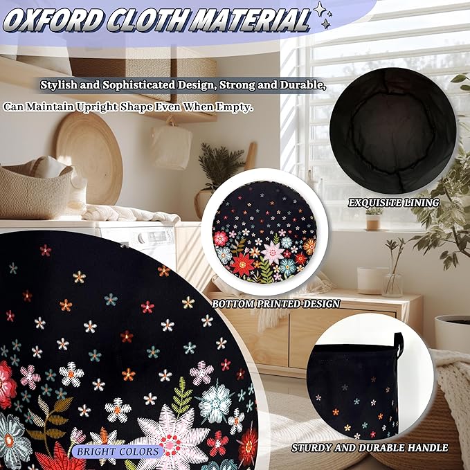 Cute Colorful Floral Laundry Basket Foldable Flowers Laundry Hamper With Handle Oxford Cloth Portable Clothes Storage Organizer Basket 18.9"x16.5" Laundry Bag For Laundry Room/Bedroom/Bathrooms