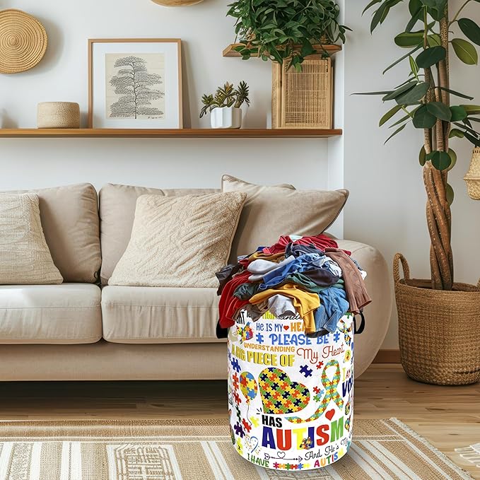 Autism Awareness Ribbon Laundry Hamper Oxford Cloth Funny Autism Laundry Basket With Handle Portable Clothes Storage Basket Foldable Laundry Bag 18.9"x16.5" For Laundry Room/Bedroom/Bathrooms
