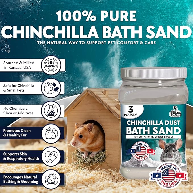 3 LB. Chinchilla Dust Bath Jar - Pure Cleansing Pumice Sand Dust for Cleaning Small Pets Like Gerbils, Mice, Degu - Premium, All Natural Dusting Powder - Chinchilla Accessories by Billy Buckskin