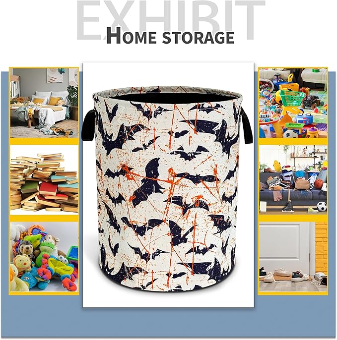 Bat Laundry Basket Goth Foldable Oxford Cloth Funny Tote Bag Laundry Hamper Clothes Storage Bucket Toy Organizer For Bathroom/Laundry Storage/Bedroom 18.9x16.5 Inch