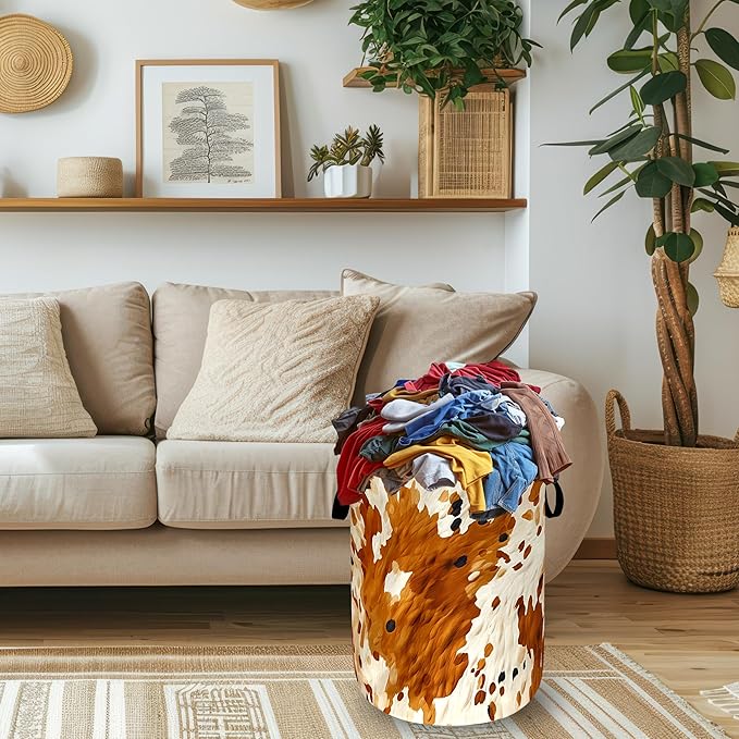 Vintage Cows Pattern Laundry Basket Foldable Cow Brown Cowhide Laundry Hamper With Handle Oxford Cloth Clothes Storage Organizer Basket 18.9"x16.5" Laundry Bag For Laundry Room/Bedroom/Bathrooms