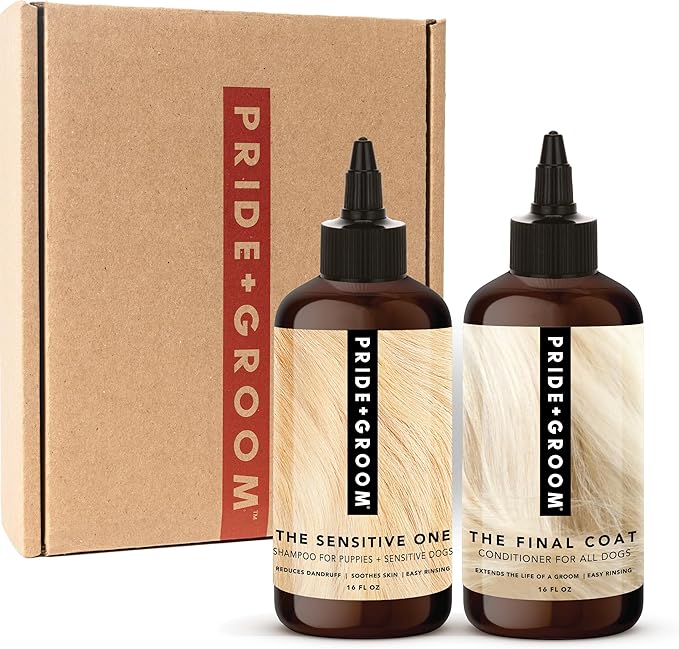 Pride and Groom The Sensitive One Box Set – Dog Shampoo & Conditioner with All Natural Blend of Essential Oils & Ingredients to Soothe, Nourish & Untangle for Long Lasting Shine & Manageability – 32oz