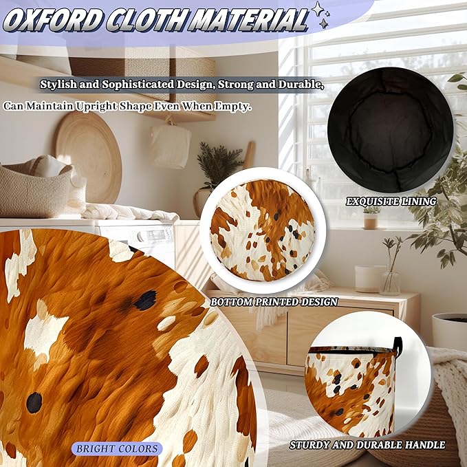 Vintage Cows Pattern Laundry Basket Foldable Cow Brown Cowhide Laundry Hamper With Handle Oxford Cloth Clothes Storage Organizer Basket 18.9"x16.5" Laundry Bag For Laundry Room/Bedroom/Bathrooms