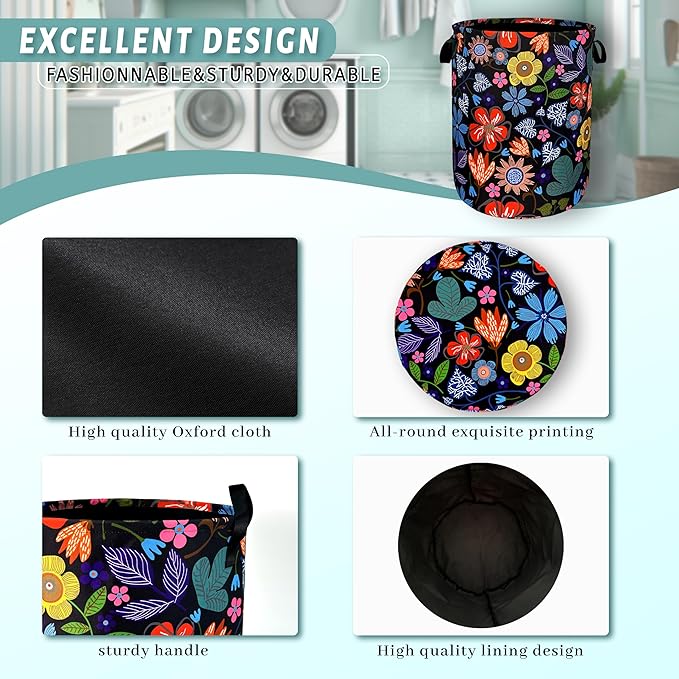 Abstract Colorful Flowers Laundry Hamper Pretty Floral Laundry Basket With Handles Foldable Oxford Cloth Tote Bag Clothes Toy Storage Bucket 18.9" x 16.5" For Bathroom/Laundry/Bedroom