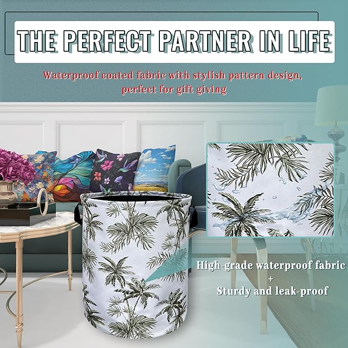 Tropical Palm Tree Laundry Basket Foldable With Handles Tote Bag Oxford Cloth Colorful Laundry Hamper 18.9"x16.5 "Clothe Storage Bucket Toy Organizer For Bathroom/Laundry/Bedroom