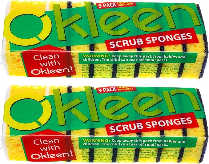 Yellow Multi Use Scrub Sponge. Made in Europe. Large Pack of 18. 4.3x2.8x1.4 inches. Black Heavy Duty & White Non Scratch Fiber. Best Odorless & Durable Professional Scrubber for Commercial Use