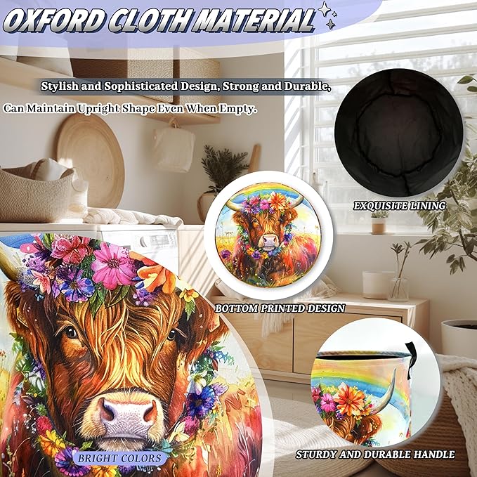 Watercolor Highland Cow Laundry Hamper Oxford Cloth Animal Flowers Laundry Basket With Handle Portable Clothes Storage Basket Foldable Laundry Bag 18.9"x16.5" For Laundry Room/Bedroom/Bathroom