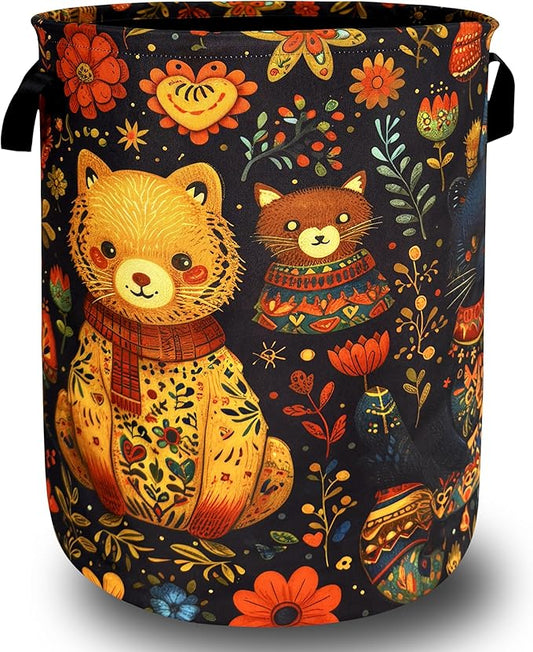 Abstract Watercolor Cats Laundry Hamper Oxford Cloth Animals Cat Laundry Basket With Handle Portable Clothes Storage Basket Foldable Laundry Bag 18.9"x16.5" For Laundry Room/Bedroom/Bathroom