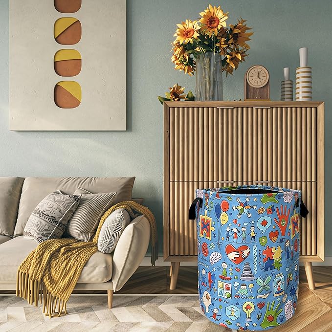 Autism Awareness Doodles Laundry Basket Foldable With Handles ColorfulTote Bag Oxford Cloth Funny Laundry Hamper Clothe Storage Bucket Toy Organizer 18.9"x16.5"For Bathroom/Laundry/Bedroom