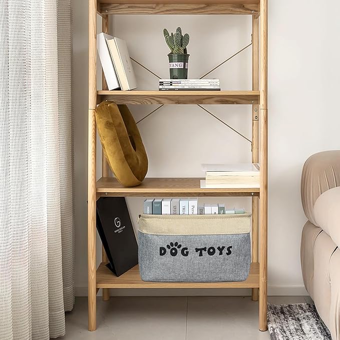 PET ARTIST Dog Toy Basket, Collapsible Dog Toy Bin Box with Comfortable Handles, Large Pet Toy Storage Basket Organizer for Accessories, Toys, Coat & Clothing, Blanket & Leash, Gray, 15"x11"x9"