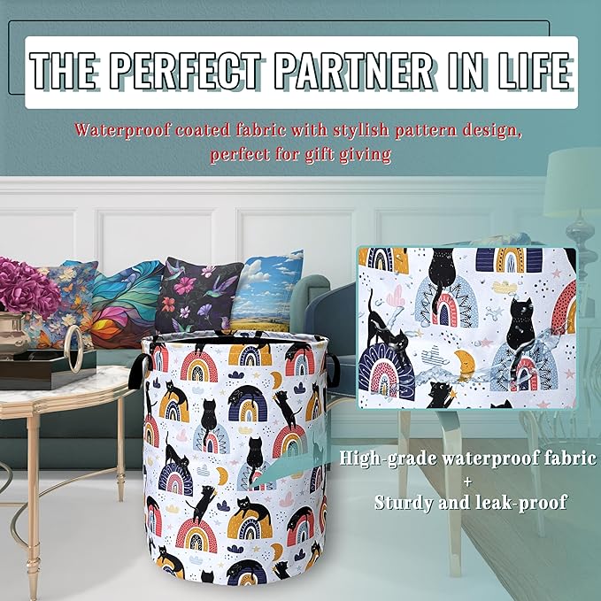 Boho Rainbow Cute Cats Laundry Basket Foldable With Handles Tote Bag Oxford Cloth Funny Cat Laundry Hamper Clothes Storage Bucket Toy Organizer 18.9" x 16.5" For Bathroom/Laundry/Bedroom