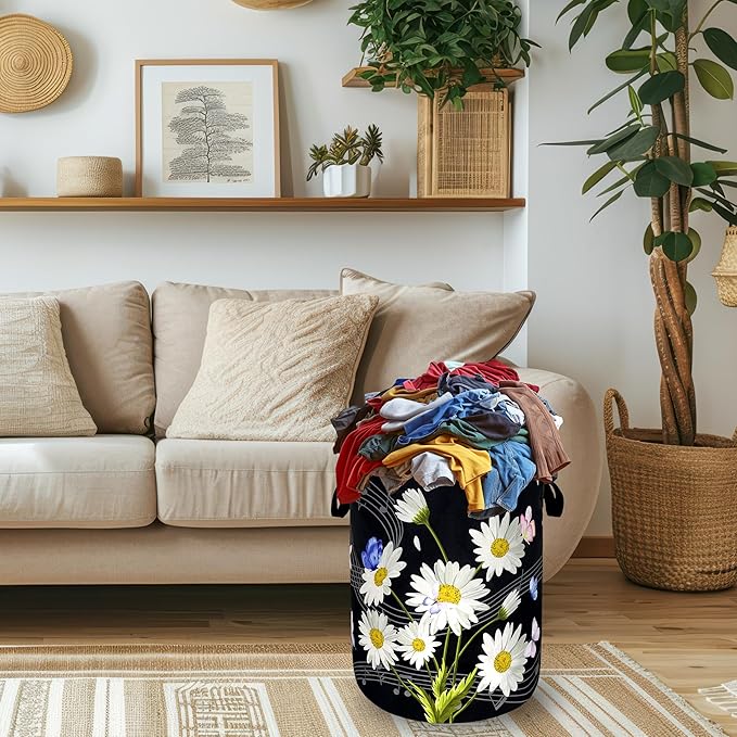 Cute Daisy Laundry Basket Foldable Floral Music Notes Laundry Hamper With Handle Oxford Cloth Portable Clothes Storage Organizer Basket 18.9"x16.5" Laundry Bag For Laundry Room/Bedroom/Bathrooms