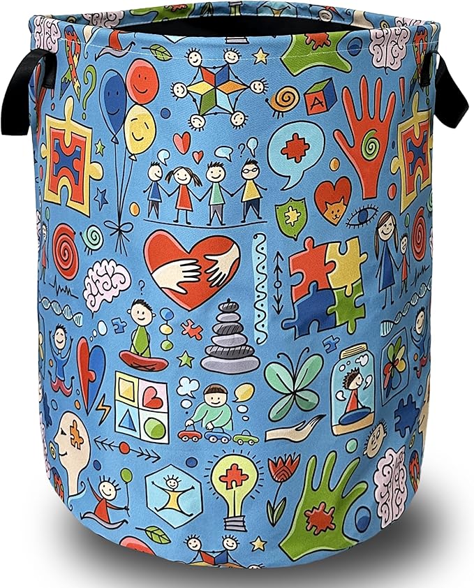 Autism Awareness Doodles Laundry Basket Foldable With Handles ColorfulTote Bag Oxford Cloth Funny Laundry Hamper Clothe Storage Bucket Toy Organizer 18.9"x16.5"For Bathroom/Laundry/Bedroom