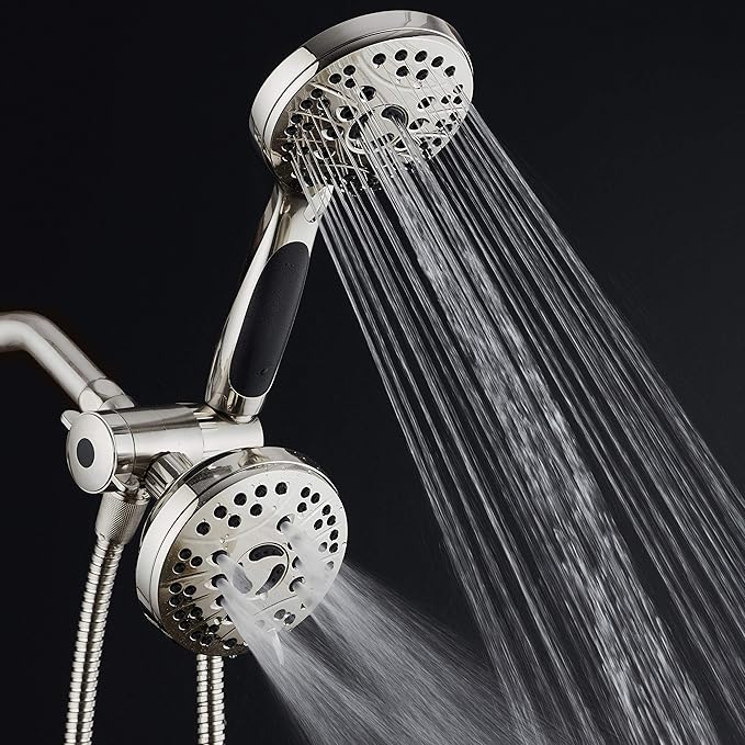 High Pressure 48-mode Luxury 3-way Combo – Dual Rain & Handheld Shower Head – 6 Foot Stainless Steel Hose – Anti Slip Grip – All Brushed Nickel Finish – Top US Brand – Extra Wall Bracket