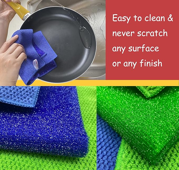Microfiber Scrub Dish Cleaning Cloth, Non-Scratch, Reusable & Durable for Pan Pot Dish Cooktop Counter Kitchen Household, Machine Washable, 4-Pack, 11.5 x 11.5 inch, Blue & Green Color Assorted