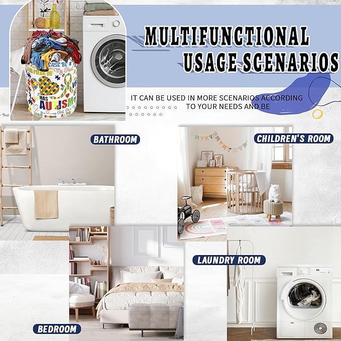 Autism Awareness Ribbon Laundry Hamper Oxford Cloth Funny Autism Laundry Basket With Handle Portable Clothes Storage Basket Foldable Laundry Bag 18.9"x16.5" For Laundry Room/Bedroom/Bathrooms