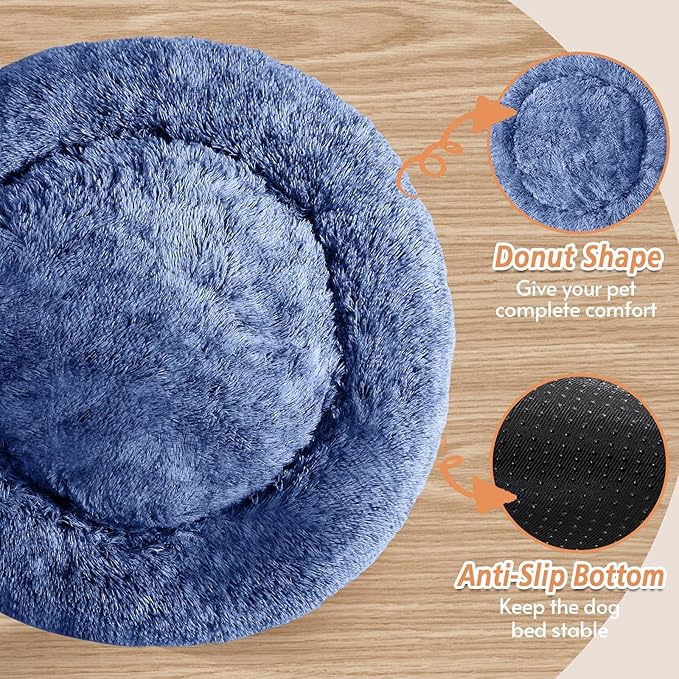 JOLLYVOGUE Small Dog & Cat Beds for Indoor Cats, Donut Cuddler Warming Soft Dog Beds with Anti-Slip Bottom, Round Calming Fluffy Plush Faux Fur Cushion Bed for Large Dogs (36", Navy Blue)