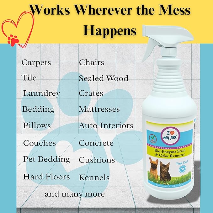 I Love My Pet Bio-Enzyme Stain and Odor Eliminator for Home, Enzyme Cleaner, Pet Carpet Cleaner Spray, Pee, Carpet Stain Remover Spray, 32 oz Fresh Scent