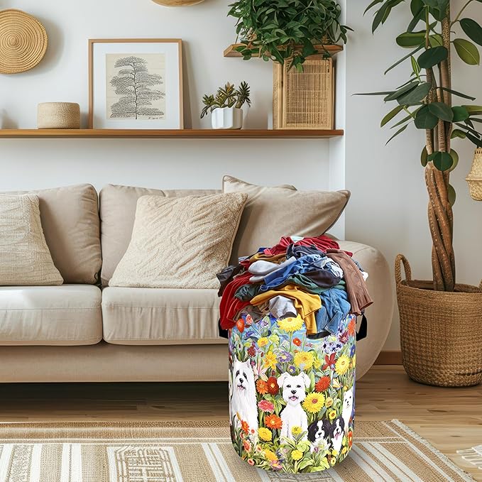 Watercolor Flowers Animal Dogs Laundry Hamper Oxford Cloth Dog Funny Laundry Basket With Handle Portable Clothes Storage Basket Foldable Laundry Bag 18.9"x16.5" For Laundry Room/Bedroom/Bathrooms