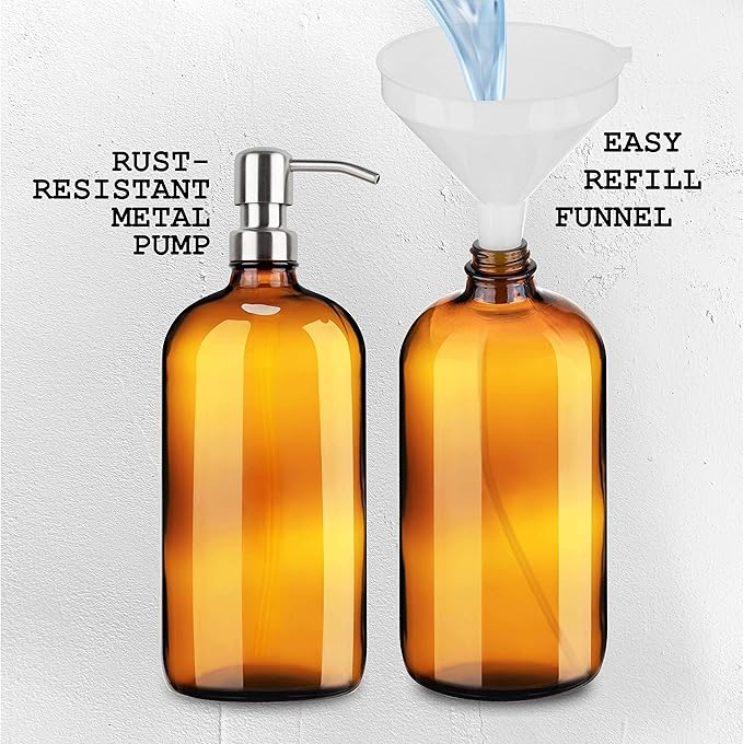 Kitchentoolz Large Pump Bottle - 32 Ounce Shampoo and Soap Dispenser - Amber