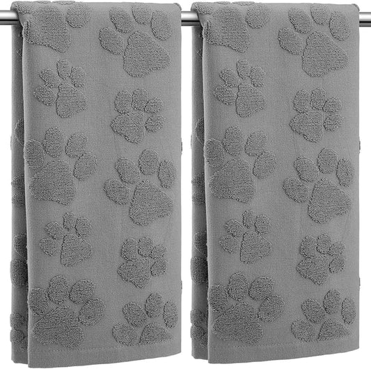 2 Pcs 3D Dog Paw Hand Towels for Bathroom, Cute Gray Dog Paw Jacquard Weave 100% Cotton Absorbent Decorative Towels for Bathroom Kitchen Decor Gift, 13.7 x 29.5 Inch