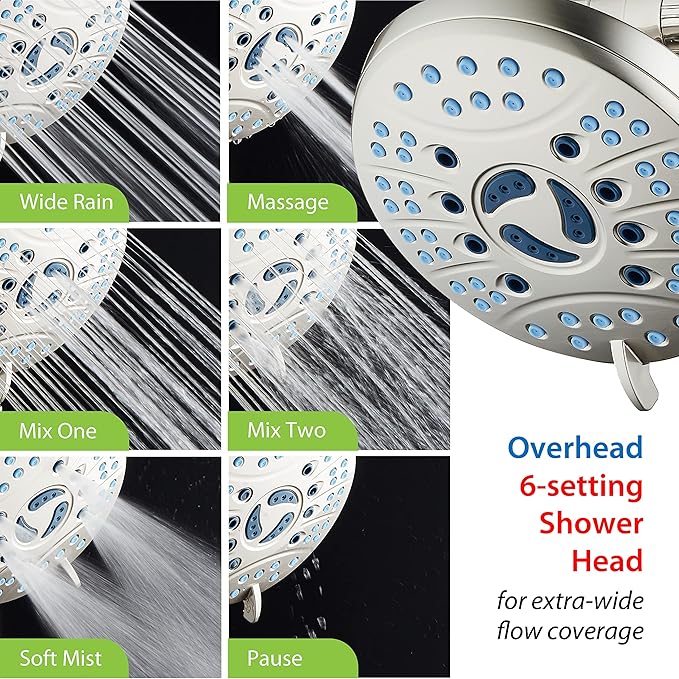 Hotel Spa AquaCare As-Seen-On-TV High Pressure 48-setting Rain & Handheld 3-way Shower Head Combo - Anti-clog Nozzles/Tub, Tile & Pet Power Wash/Extra Long 6 ft. Hose/Satin Nickel Finish