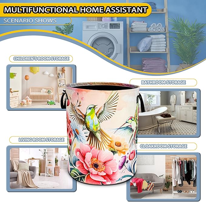 Hummingbird Laundry Basket Beautiful Bird Flower Foldable Oxford Cloth Funny Tote Bag Laundry Hamper Clothes Storage Bucket Toy Organizer For Bathroom/Laundry Storage/Bedroom 18.9x16.5 Inch