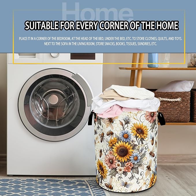 Bee Sunflower Laundry Basket Flower Foldable Oxford Cloth Funny Tote Bag Laundry Hamper Clothes Storage Bucket Toy Organizer For Bathroom/Laundry Storage/Bedroom 18.9x16.5 Inch