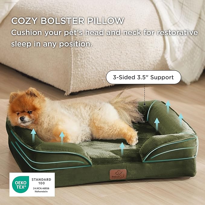 Bedsure Orthopedic Dog Beds for Small Dogs - Washable Small Dog Cat Bed Waterproof, Comfort Pet Couch Sofa with Washable Removable Cover, Pets Bed with Nonskid Bottom, Moss Green, 24"