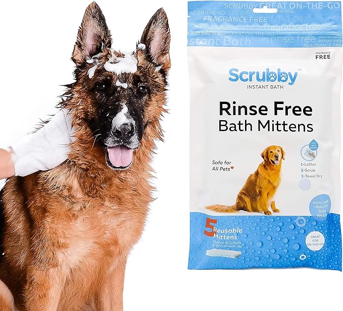 Wipes | Rinse Free Shampoo Mittens | Dogs & Cats | Bath Wipes | Bathing & Washing Pets, Hypoallergenic | No Rinse Wash Mitt | Grooming | Lather Wipe Dry