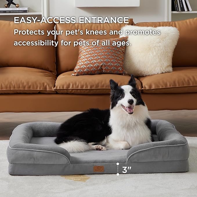 Bedsure L Plus Orthopedic Dog Bed for Large Dogs - Washable Dog Cat Bed Waterproof, L Plus Big Comfort Dogs Couch Sofa with Washable Removable Cover, Pet Bed with Nonskid Bottom, Grey, 38"