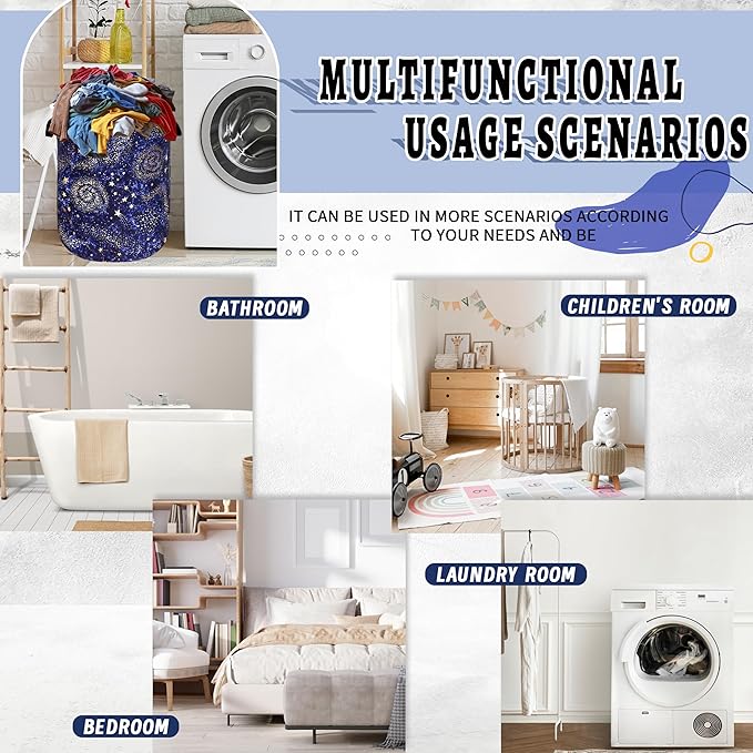 Blue Galaxy Laundry Basket Foldable Colorful Starry Sky Laundry Hamper With Handle Oxford Cloth Portable Clothes Storage Organizer Basket 18.9"x16.5" Laundry Bag For Laundry Room/Bedroom/Bathrooms