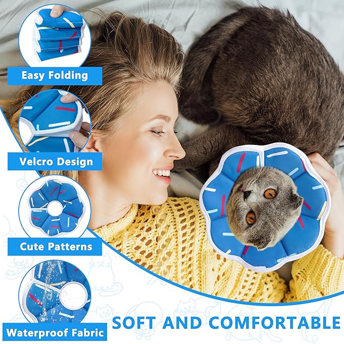 Soft Adjustable Cat Cone Collar, Comfortable Cat Recovery Collar Suitable for Various Types of Cats,Elizabethan Neck Protective Collar for Cats After Surgery (Blue Stripe, X-Small)