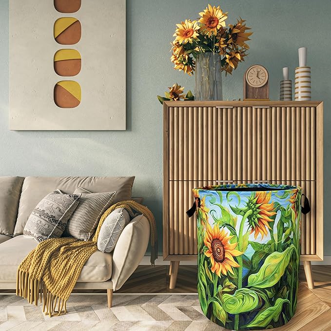 Watercolor Sunflowers Laundry Basket Foldable With Handles Colorful Tote Bag Oxford Cloth Laundry Hamper Clothes Storage Bucket Toy Organizer 18.9" x 16.5" For Bathroom/Laundry/Bedroom
