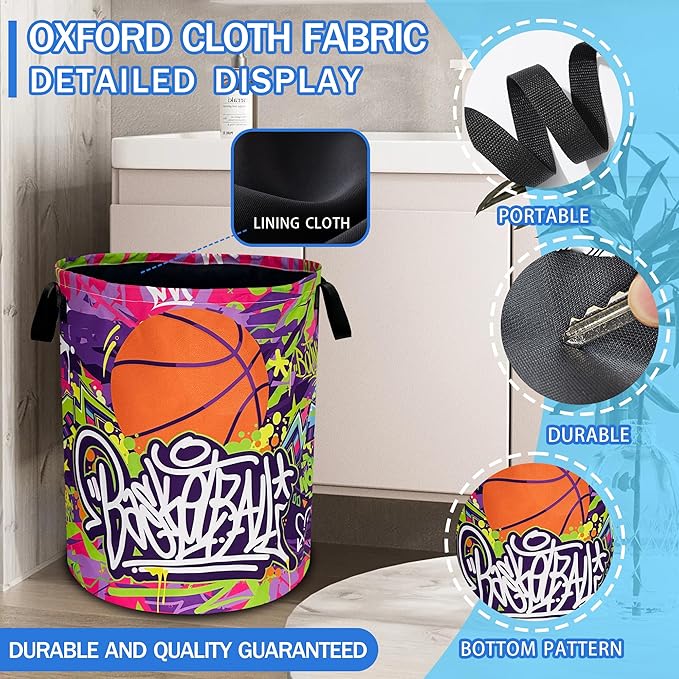 Basketball Laundry Basket Oxford Cloth Funny Sports Laundry Hamper With Handle Foldable Portable Clothes Storage Basket 18.9 X 16.5 In Storage Bag For Laundry Room/Bathroom/Bedroom/Dormitories
